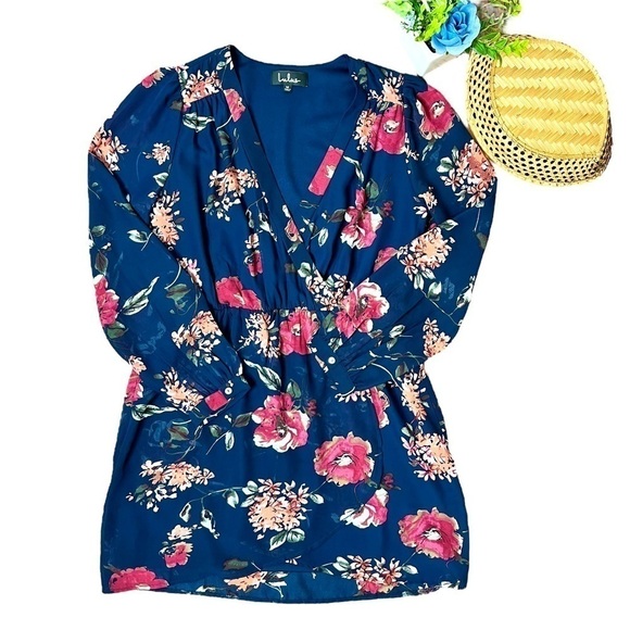 Lulus Pretty Pretender Navy Floral Print Long Sleeve Faux Wrap Dress Size Medium - Picture 16 of 17